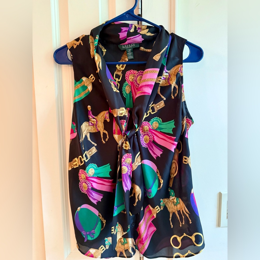 Vintage Lauren Ralph Lauren  Equestrian Print Tie Blouse Size 12 Petite 🐴🌺🌸